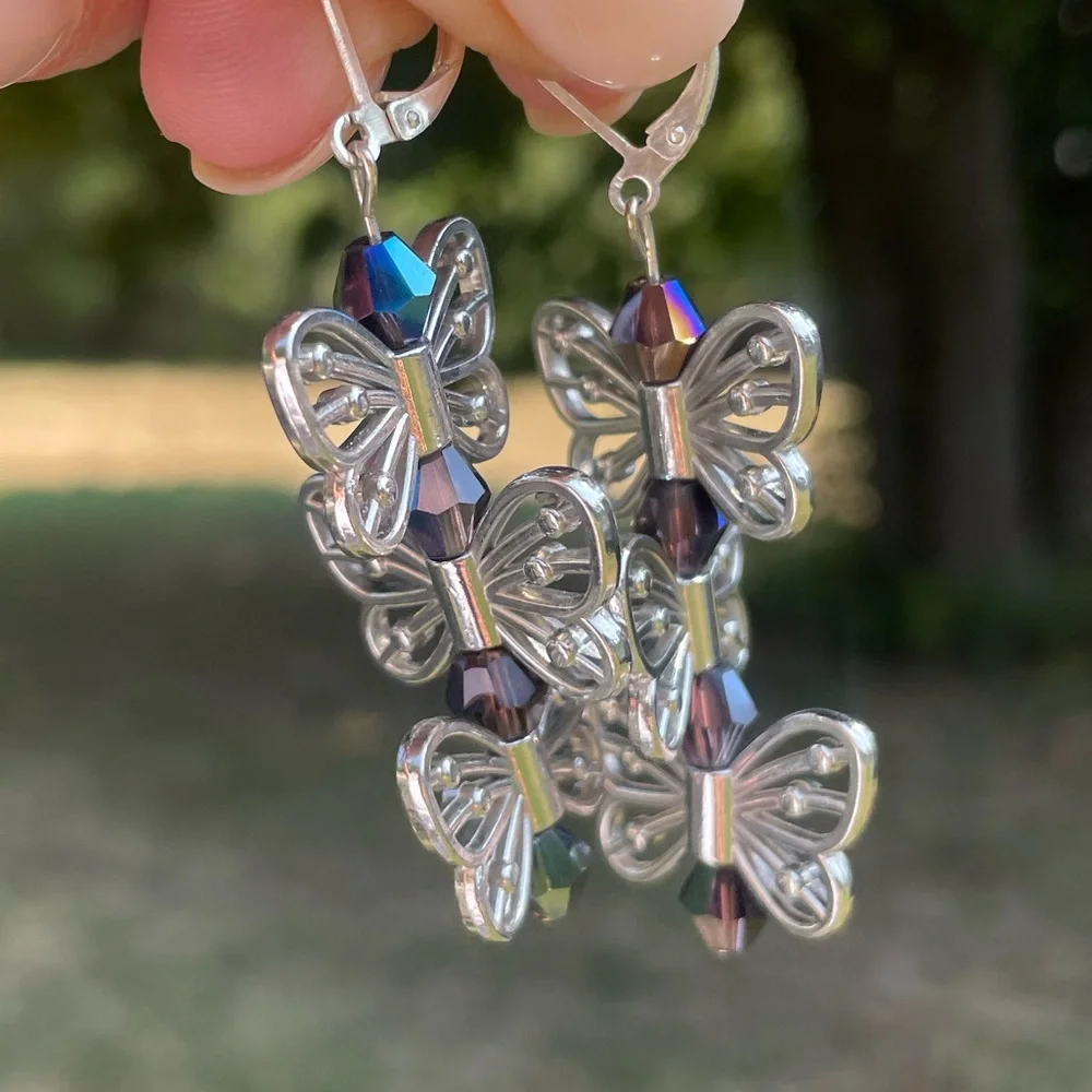 Silver Butterfly Dangly Crystal Drop Earrings
